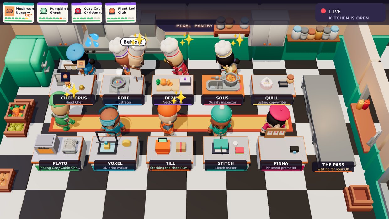 The Pixel Pantry kitchen: ten little chef bots designing, checking and packing files
